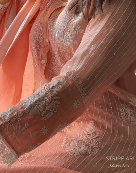 Peach Soft Malmal Stripe Pattern Pearl Work Chikankari Kurta Set