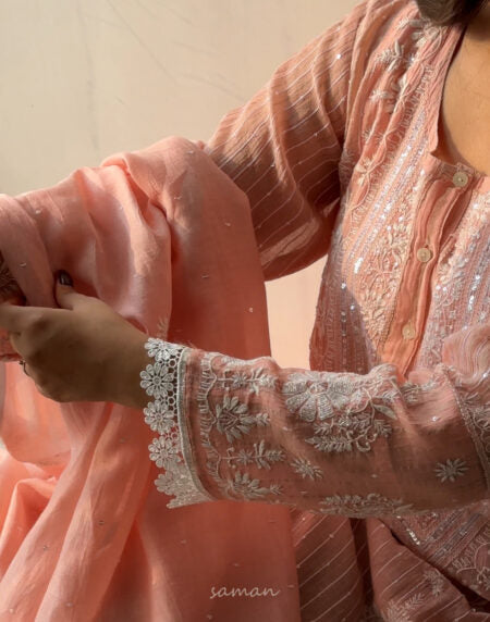 Peach Soft Malmal Stripe Pattern Pearl Work Chikankari Kurta Set