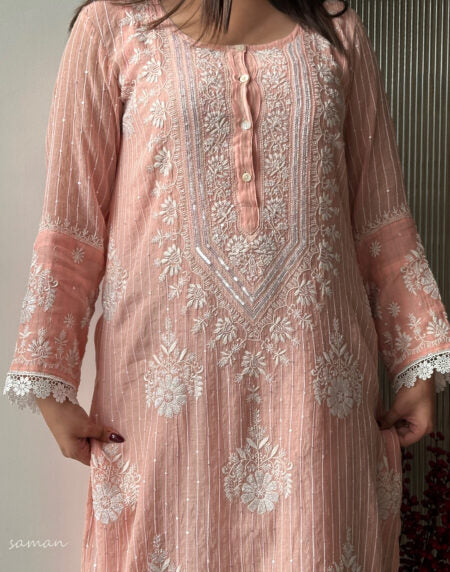 Peach Soft Malmal Stripe Pattern Pearl Work Chikankari Kurta Set