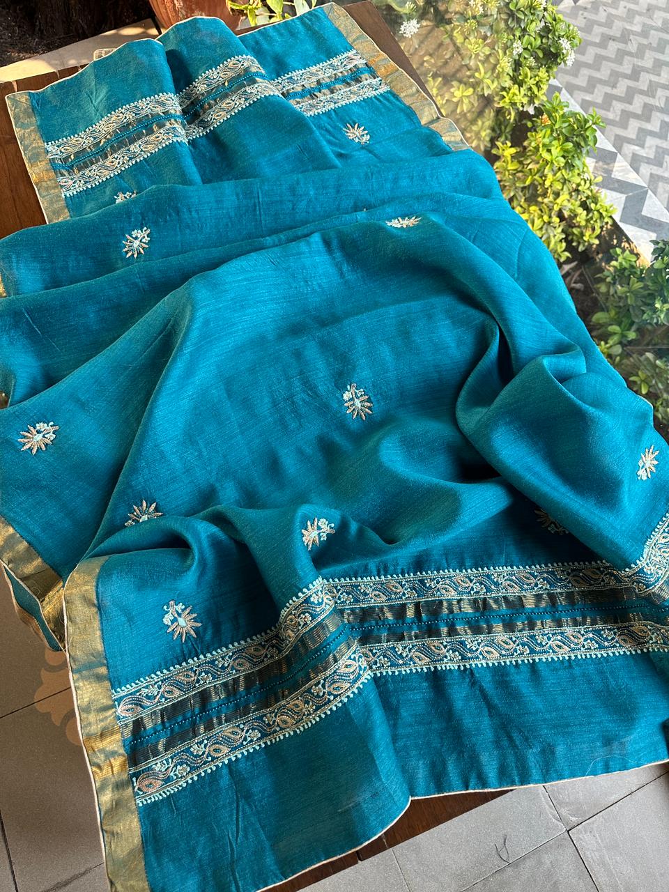 Peacock Blue Shade Moonga Silk Chikankari Unstitched Fabric