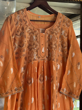 Persian Orange Zari Chanderi Chikankari Ready to Wear Tunics