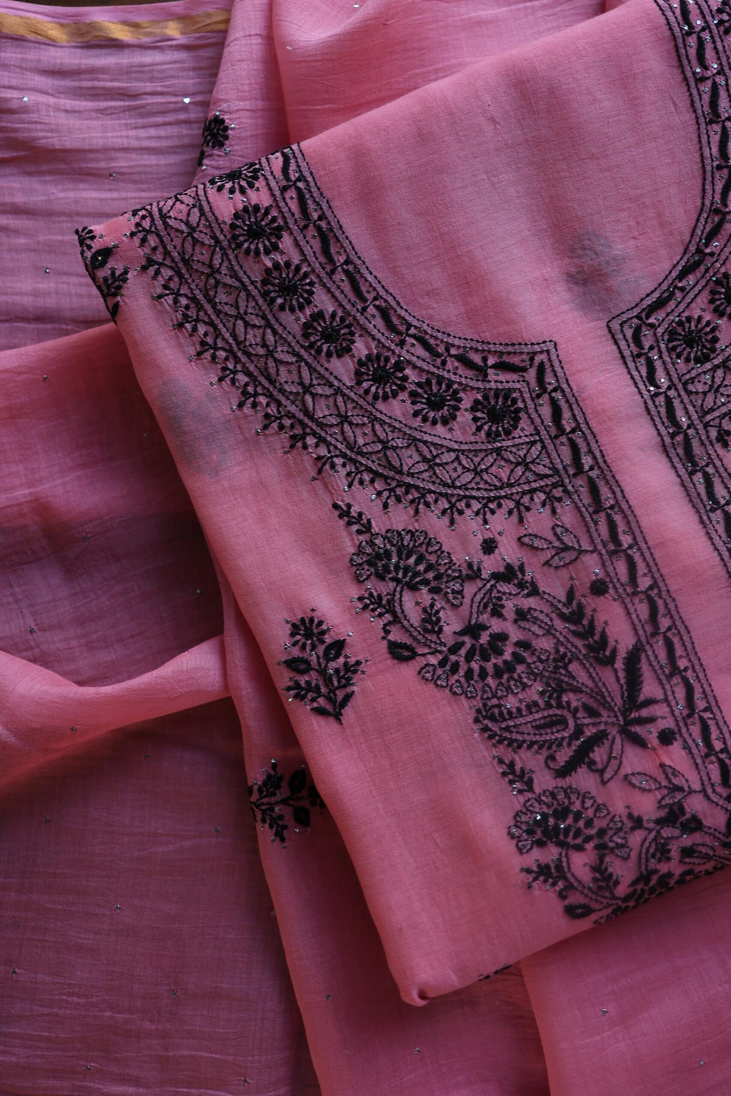 Pink & Black Mal Cotton Chikankari Unstitched Kurta Dupatta Fabrics With Kamdani