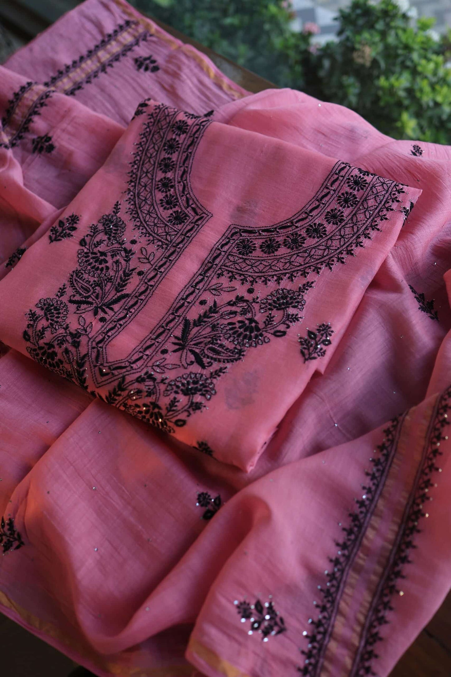 Pink & Black Mal Cotton Chikankari Unstitched Kurta Dupatta Fabrics With Kamdani