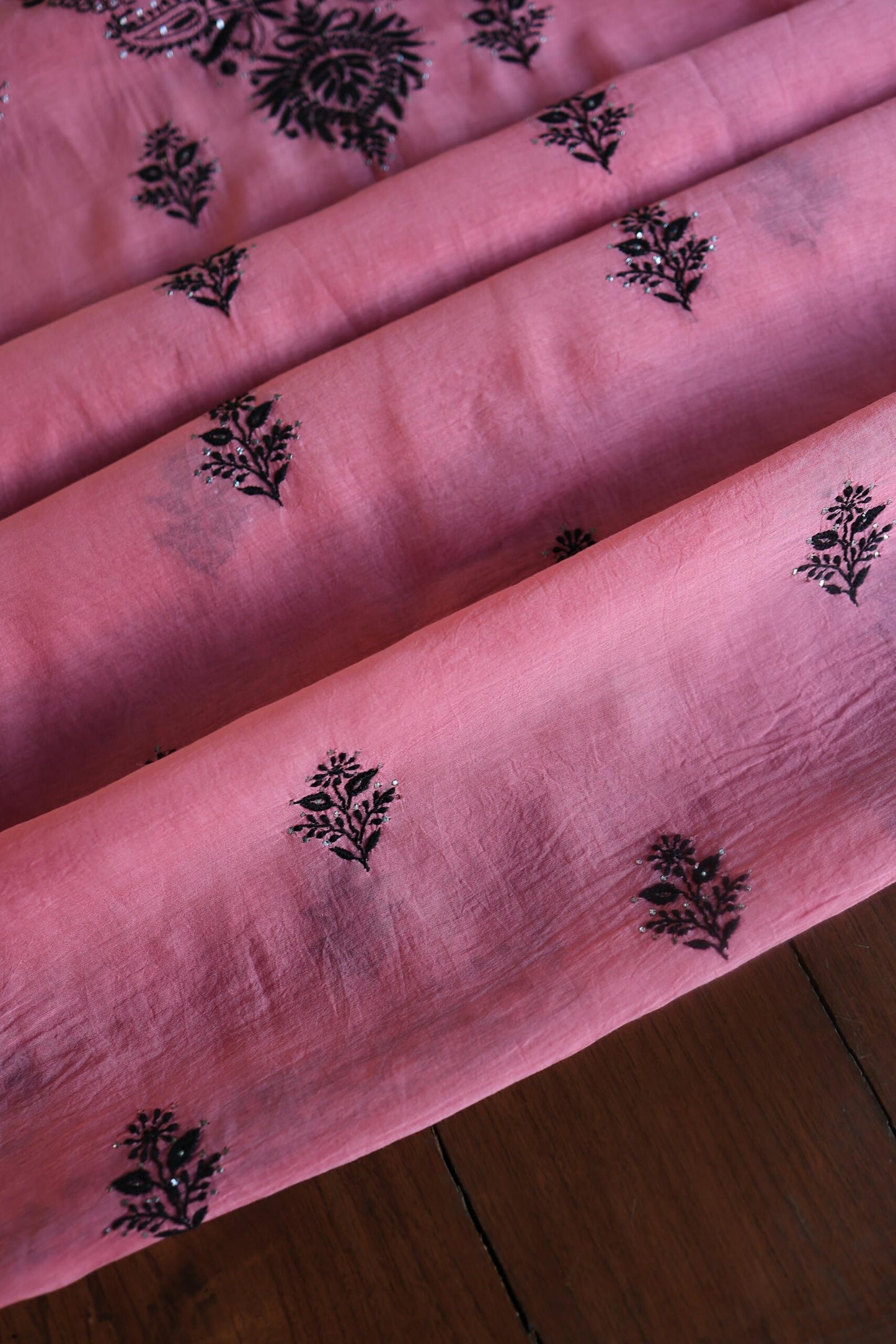 Pink & Black Mal Cotton Chikankari Unstitched Kurta Dupatta Fabrics With Kamdani