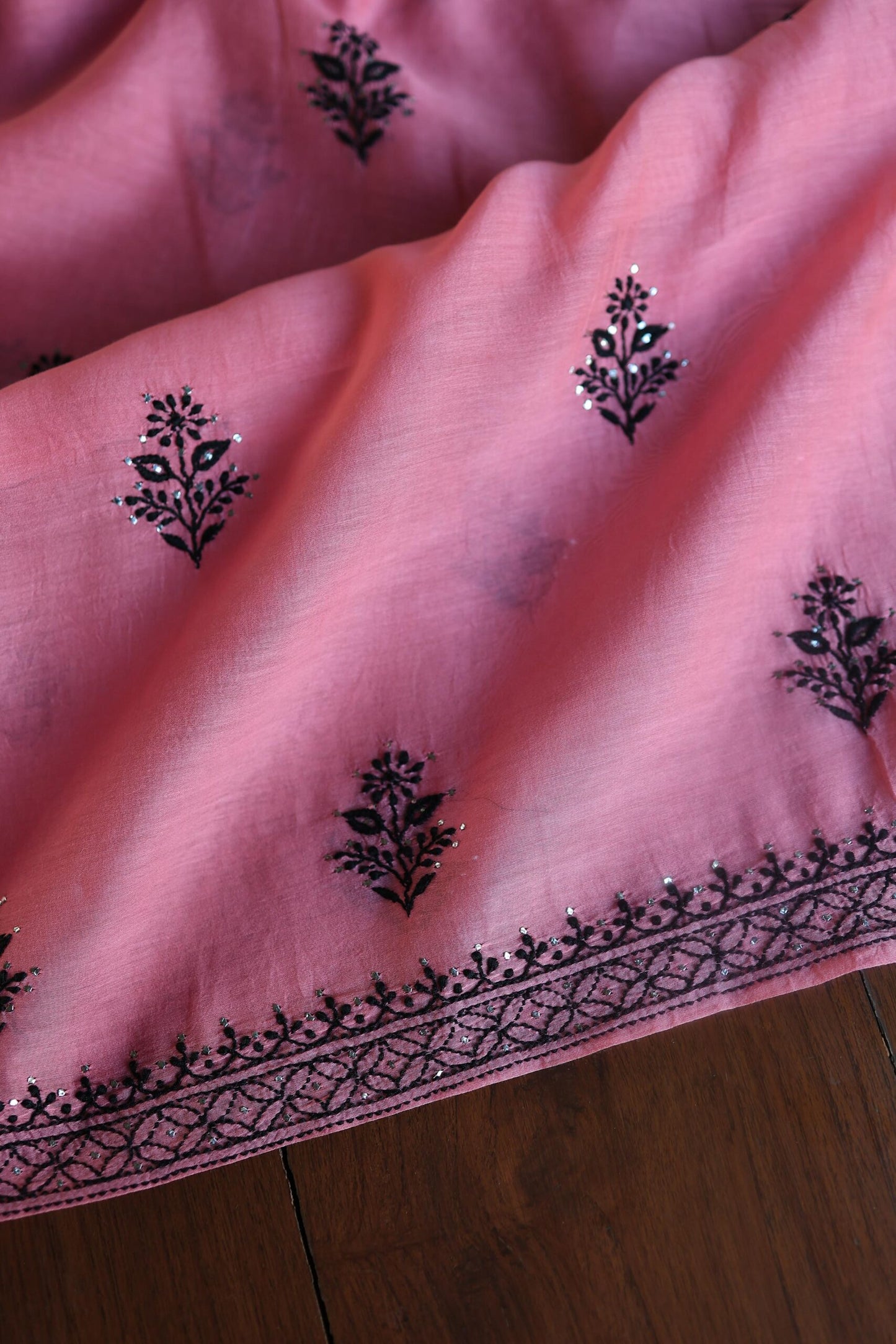 Pink & Black Mal Cotton Chikankari Unstitched Kurta Dupatta Fabrics With Kamdani
