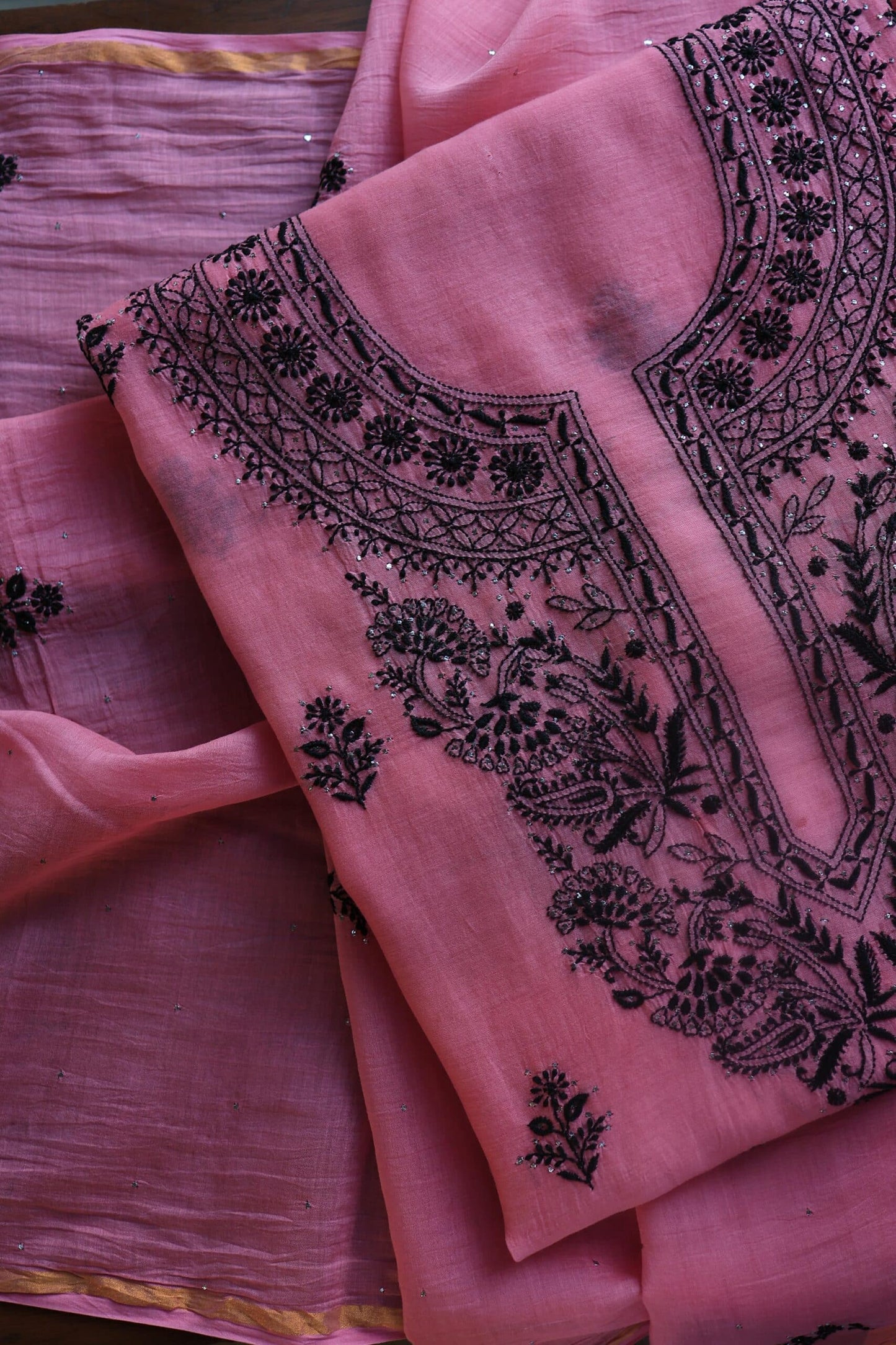 Pink & Black Mal Cotton Chikankari Unstitched Kurta Dupatta Fabrics With Kamdani