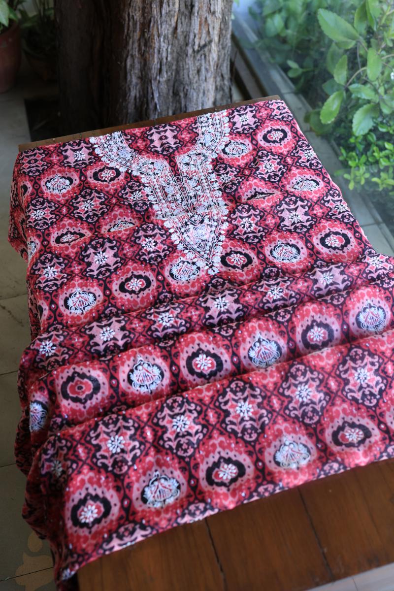 Pink & Black Soft Cotton Printed Unstitched Kurta Dupatta Set with Chikankari & Sequin Work