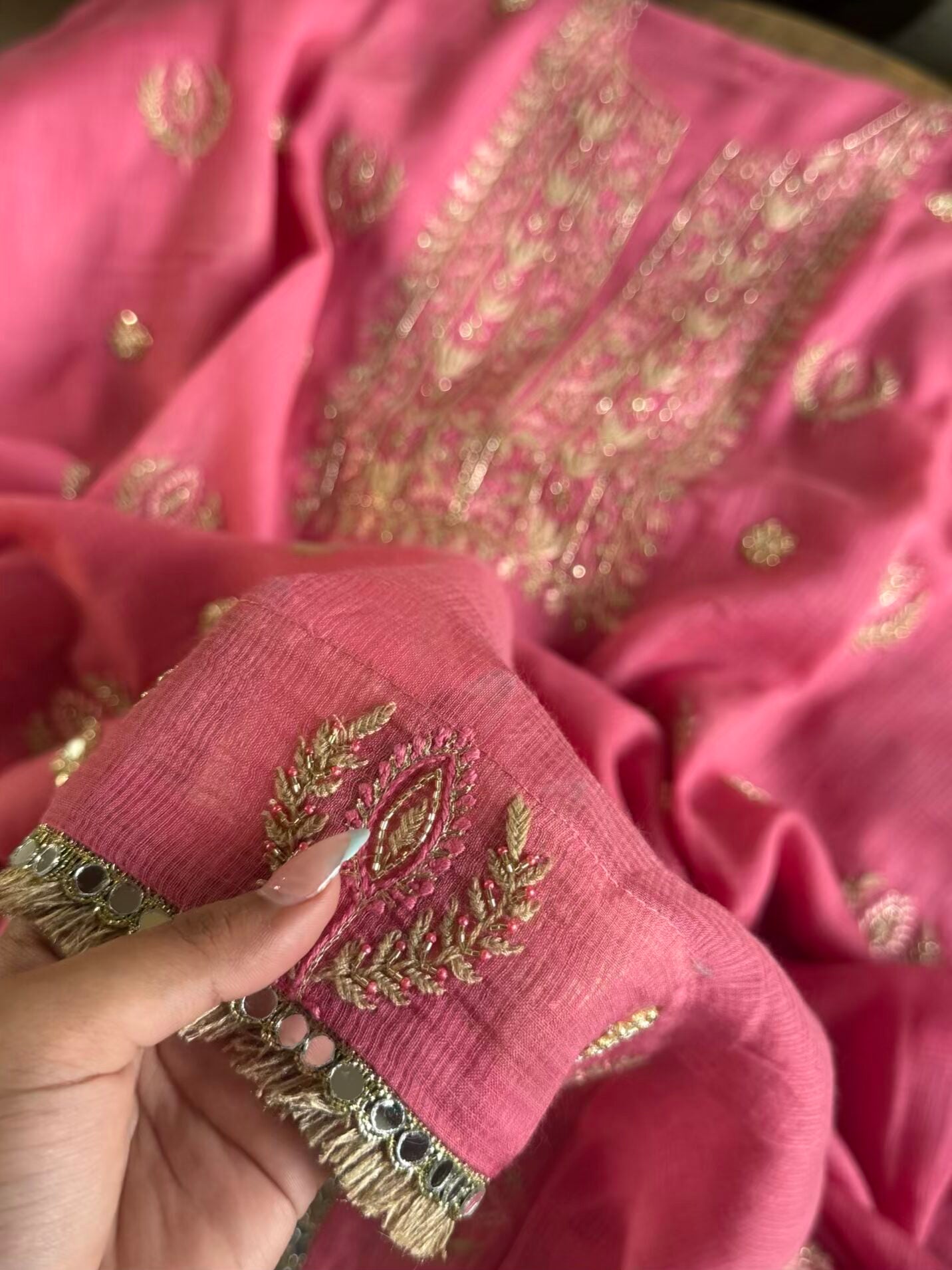 Pink Handloom Kota Chikankari With Mirror Work Unstitched Kurta Dupatta Set
