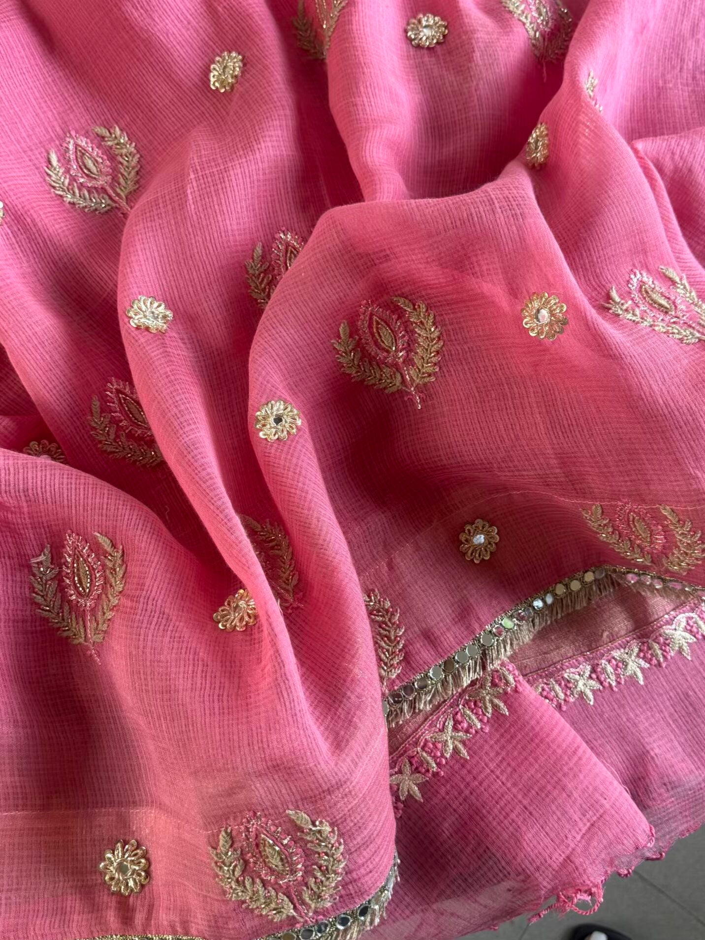 Pink Handloom Kota Chikankari With Mirror Work Unstitched Kurta Dupatta Set