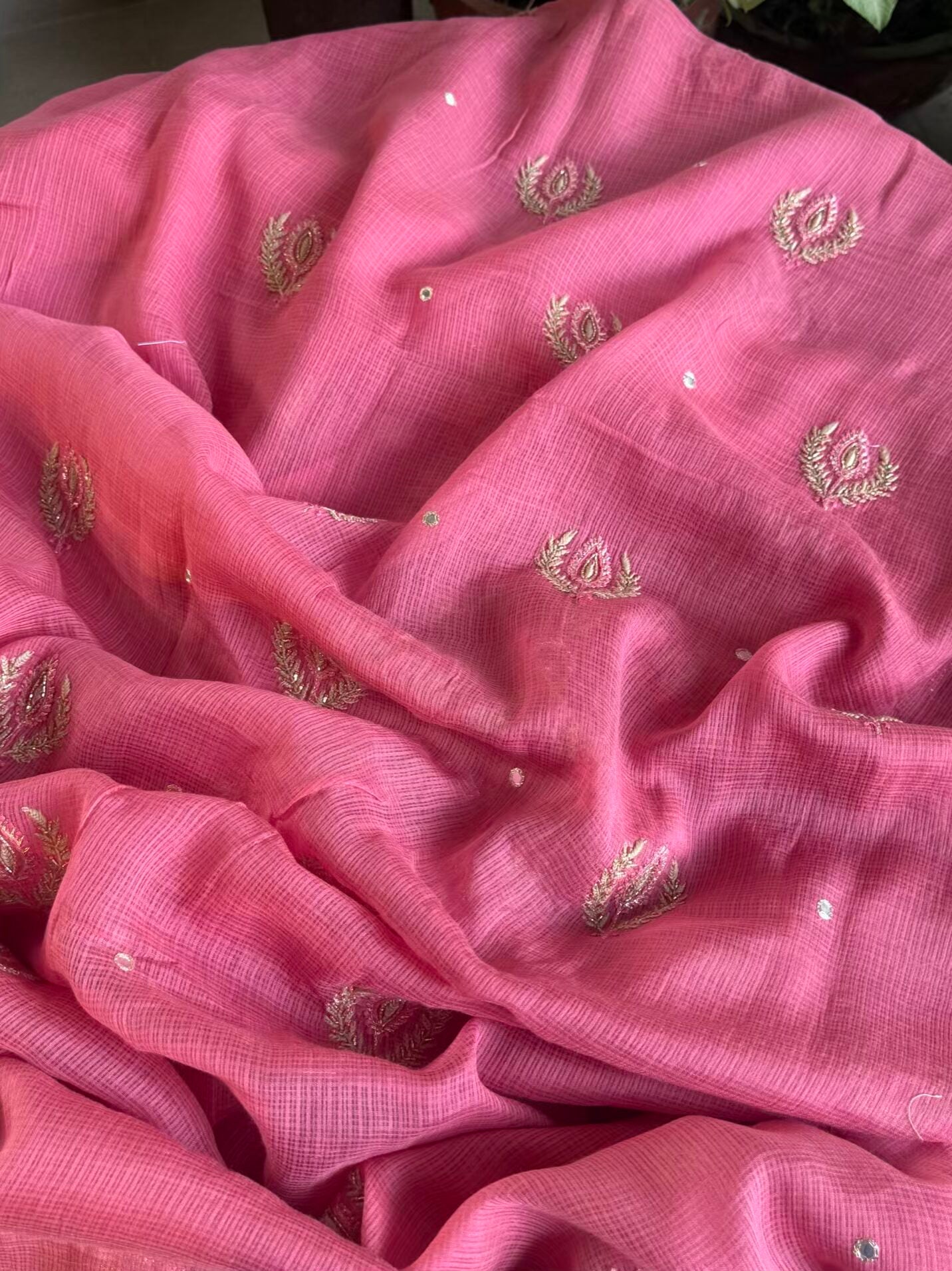 Pink Handloom Kota Chikankari With Mirror Work Unstitched Kurta Dupatta Set