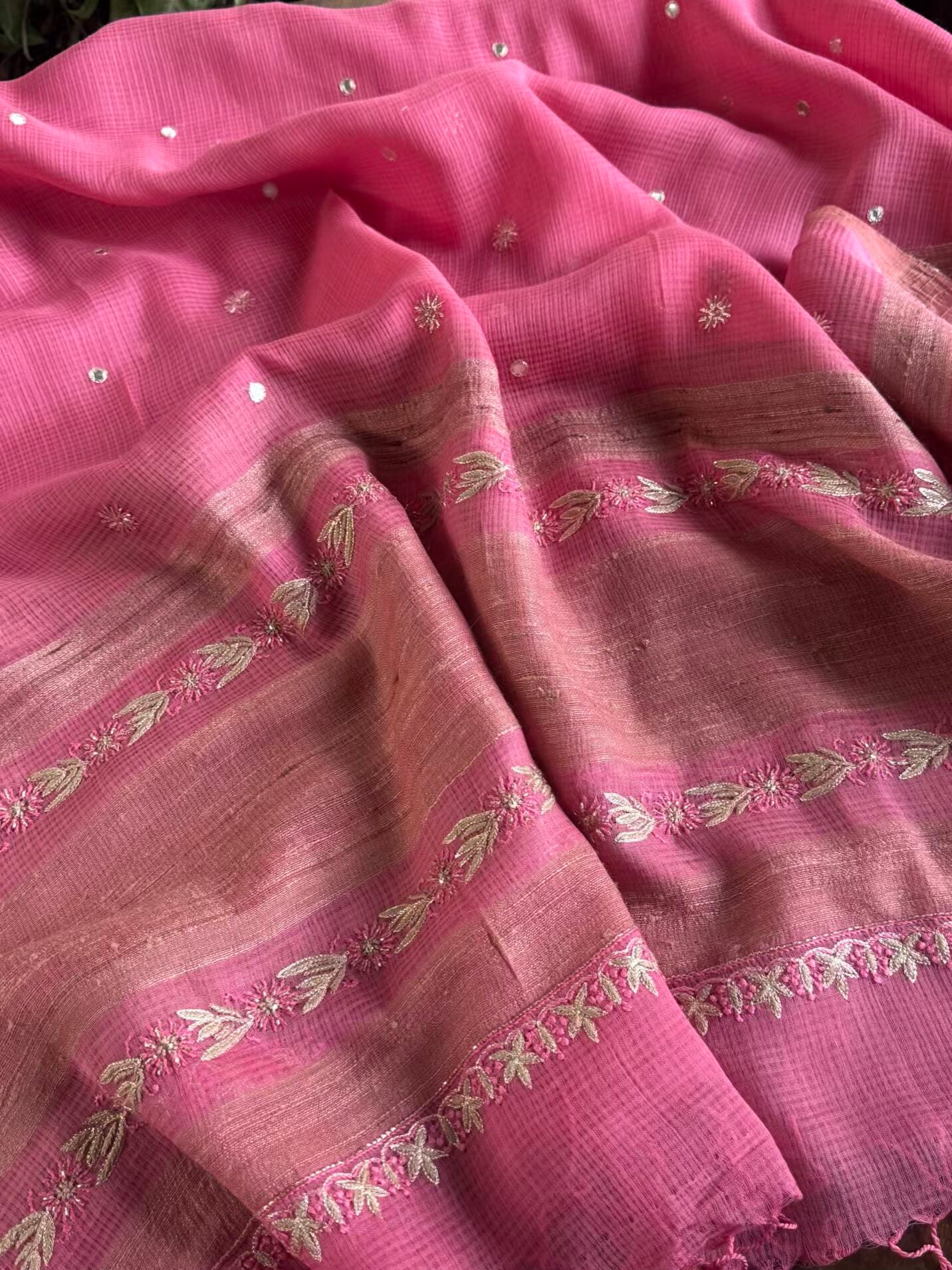 Pink Handloom Kota Chikankari With Mirror Work Unstitched Kurta Dupatta Set