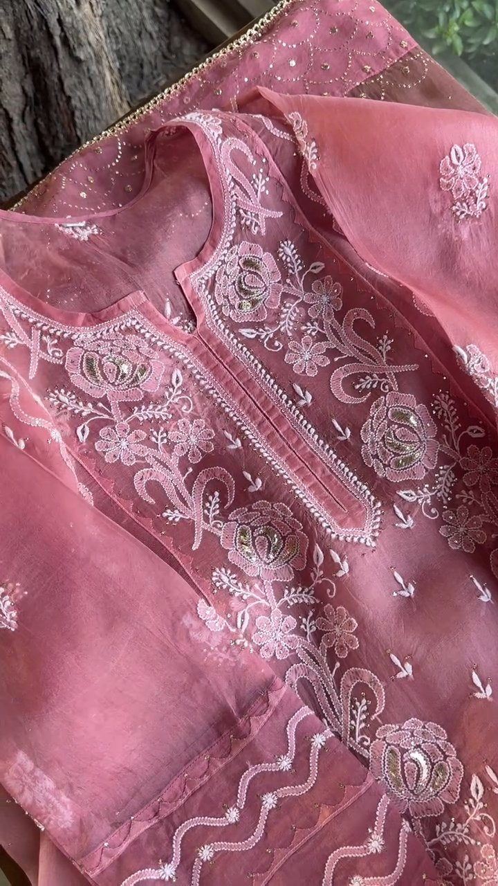 Pink Noor Organza Rose Motifs Applique Chikankari Mukaish Kurta Dupatta Set