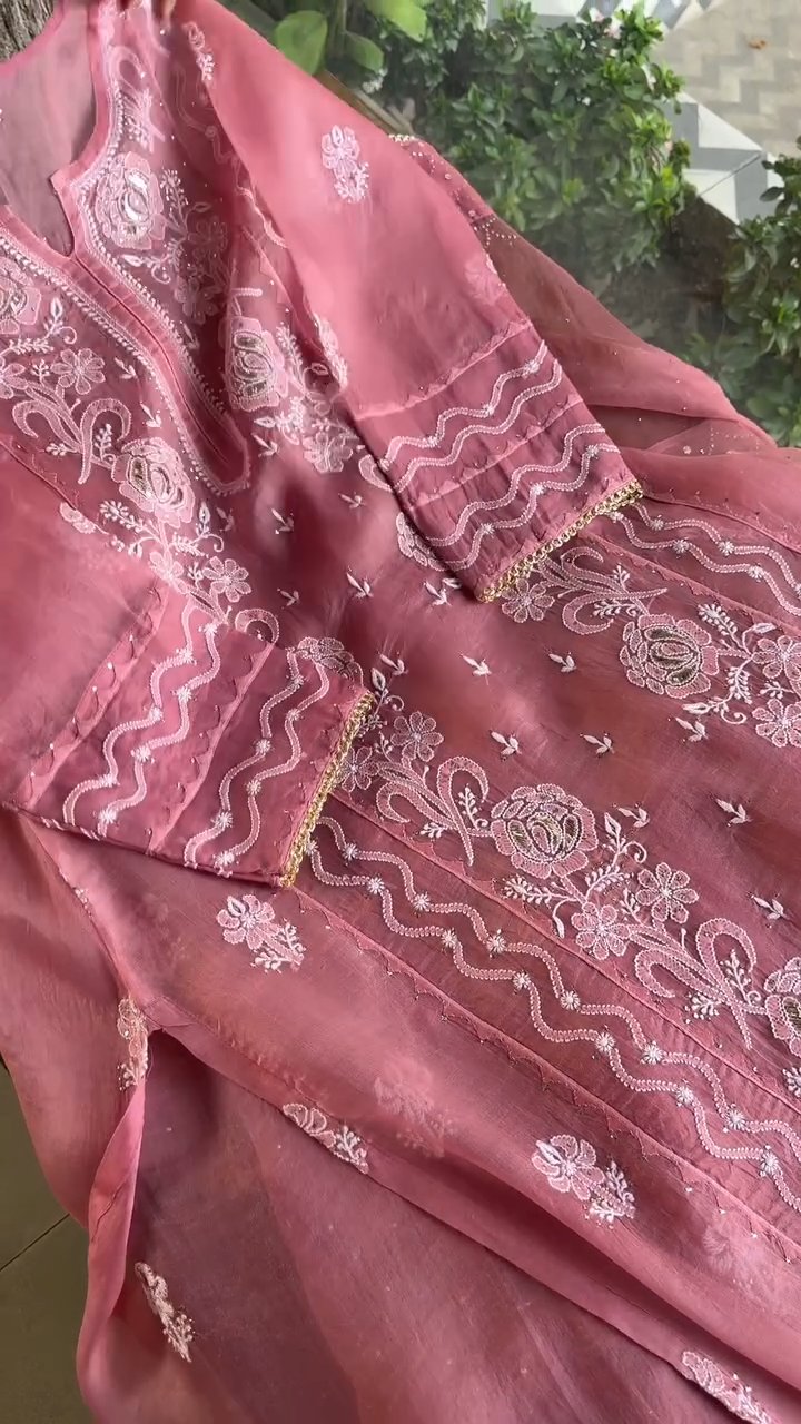 Pink Noor Organza Rose Motifs Applique Chikankari Mukaish Kurta Dupatta Set