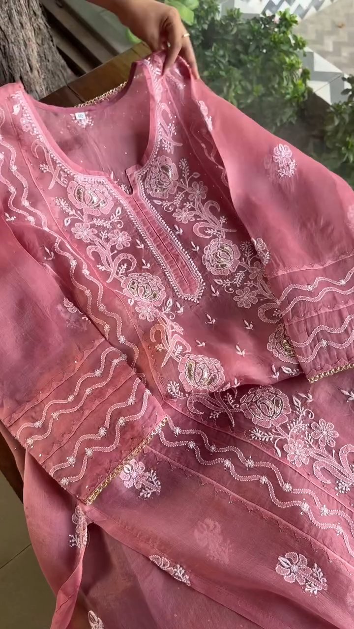 Pink Noor Organza Rose Motifs Applique Chikankari Mukaish Kurta Dupatta Set