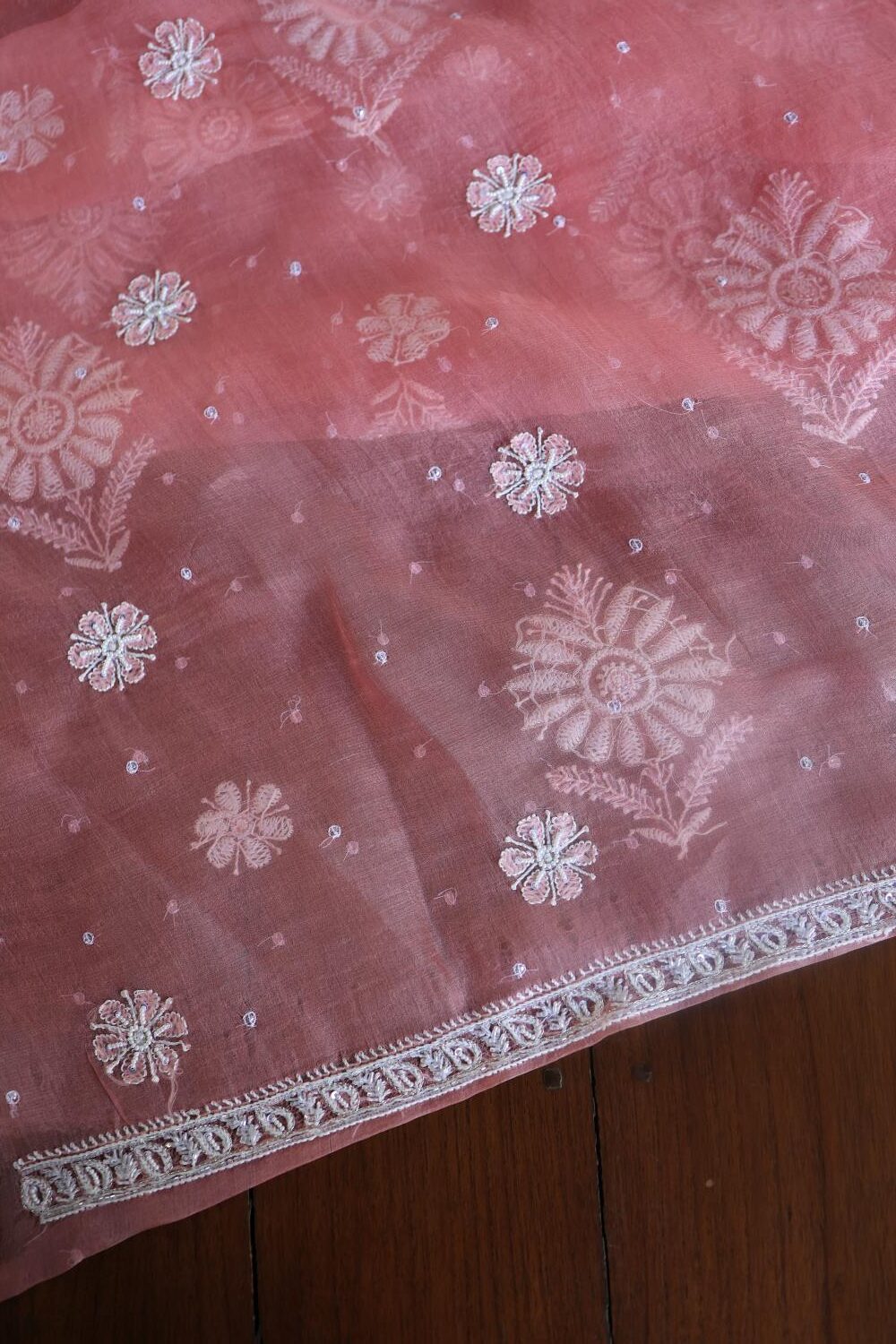 Pink Noor Organza Silk Chikankari Unstitched Kurta Dupatta Set