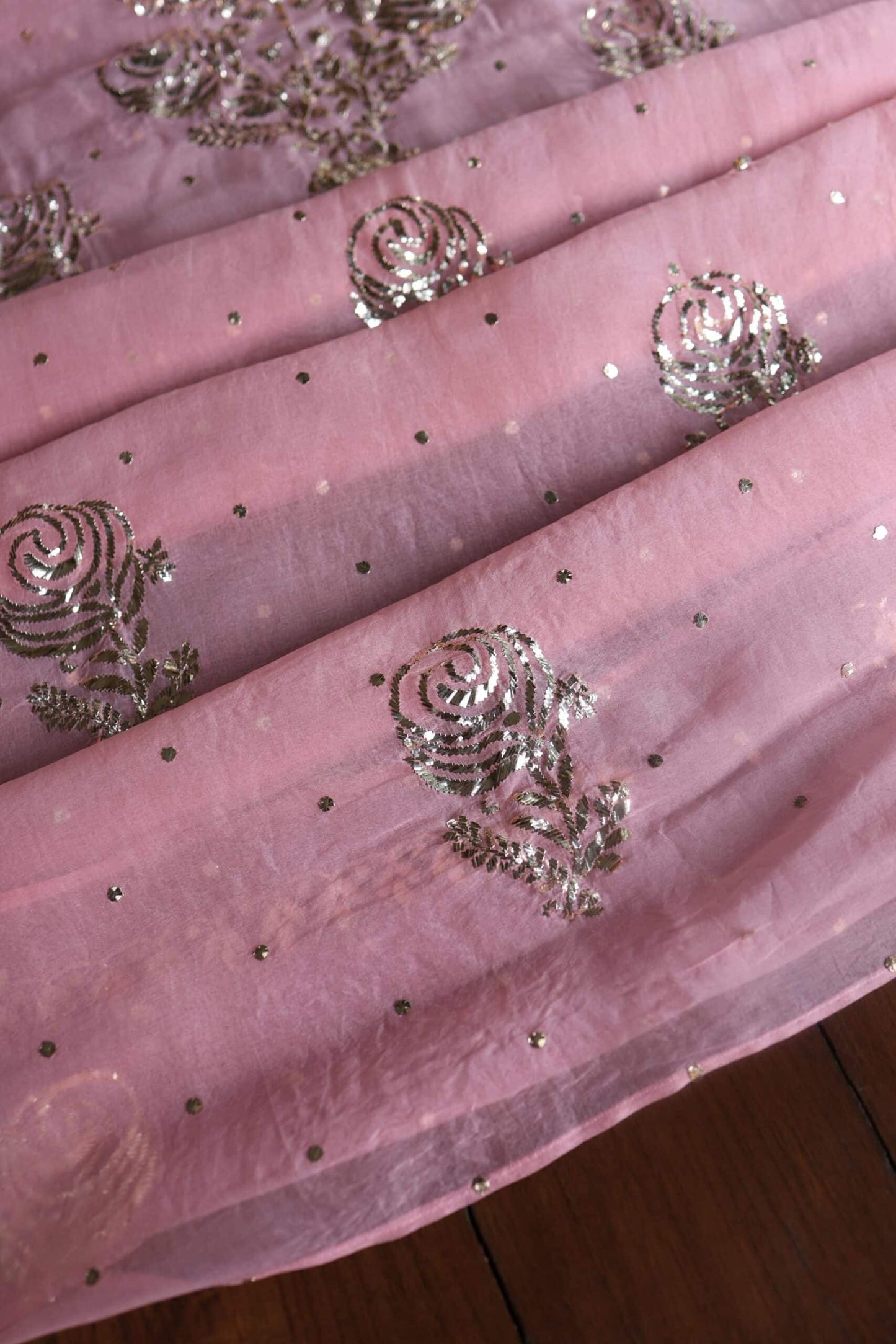 Pink Noor Organza Silk Mukaish Badla Unstitched Kurta Dupatta Set