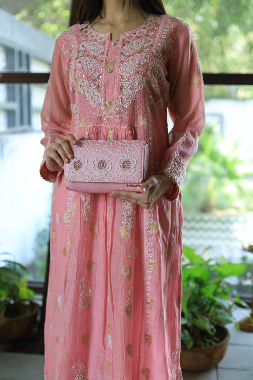 Pink Shade Chikankari Sling Clutch Bag