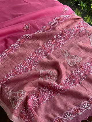 Pink Silk Gheecha Palla Kota Chikankari Saree With Mukaish Kamdani