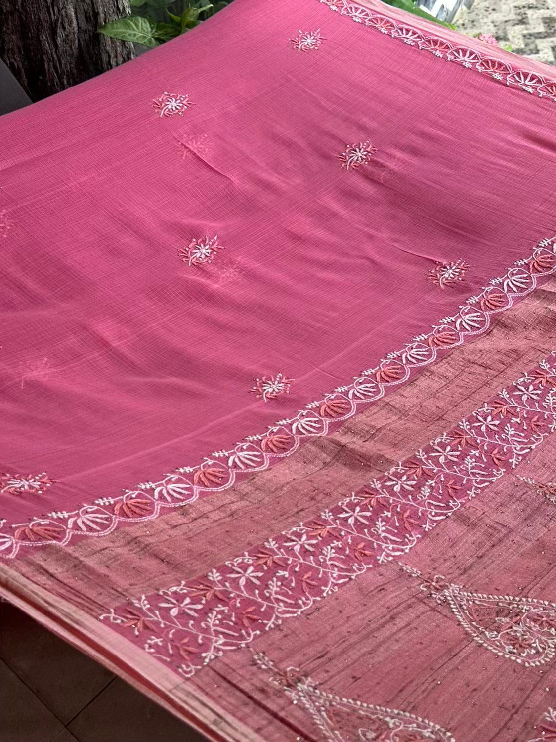 Pink Silk Gheecha Palla Kota Chikankari Saree With Mukaish Kamdani