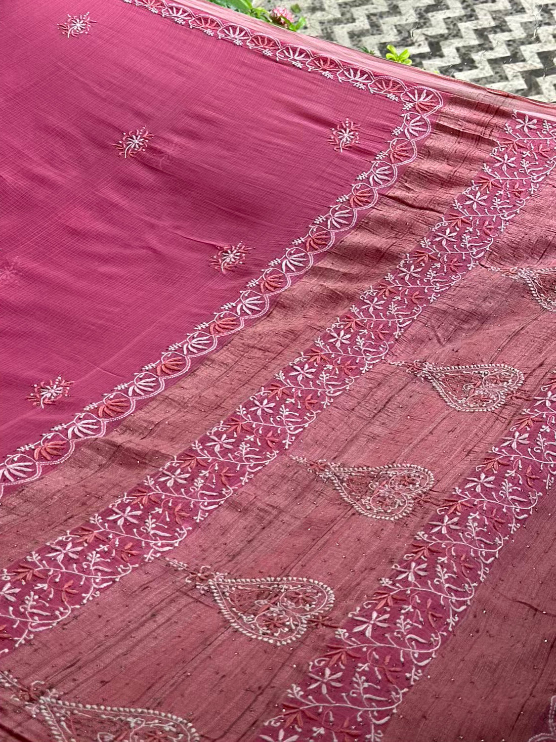 Pink Silk Gheecha Palla Kota Chikankari Saree With Mukaish Kamdani