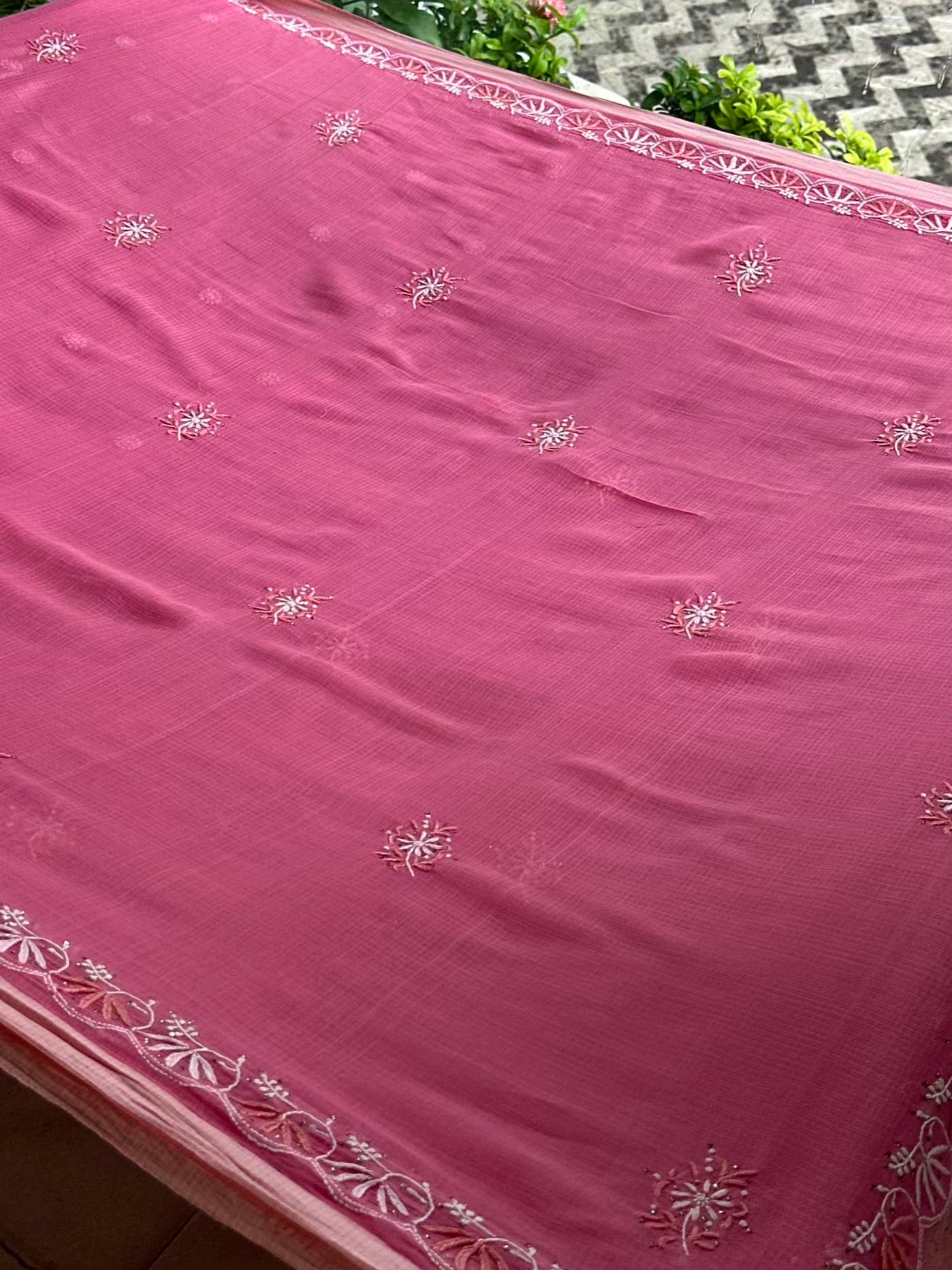 Pink Silk Gheecha Palla Kota Chikankari Saree With Mukaish Kamdani