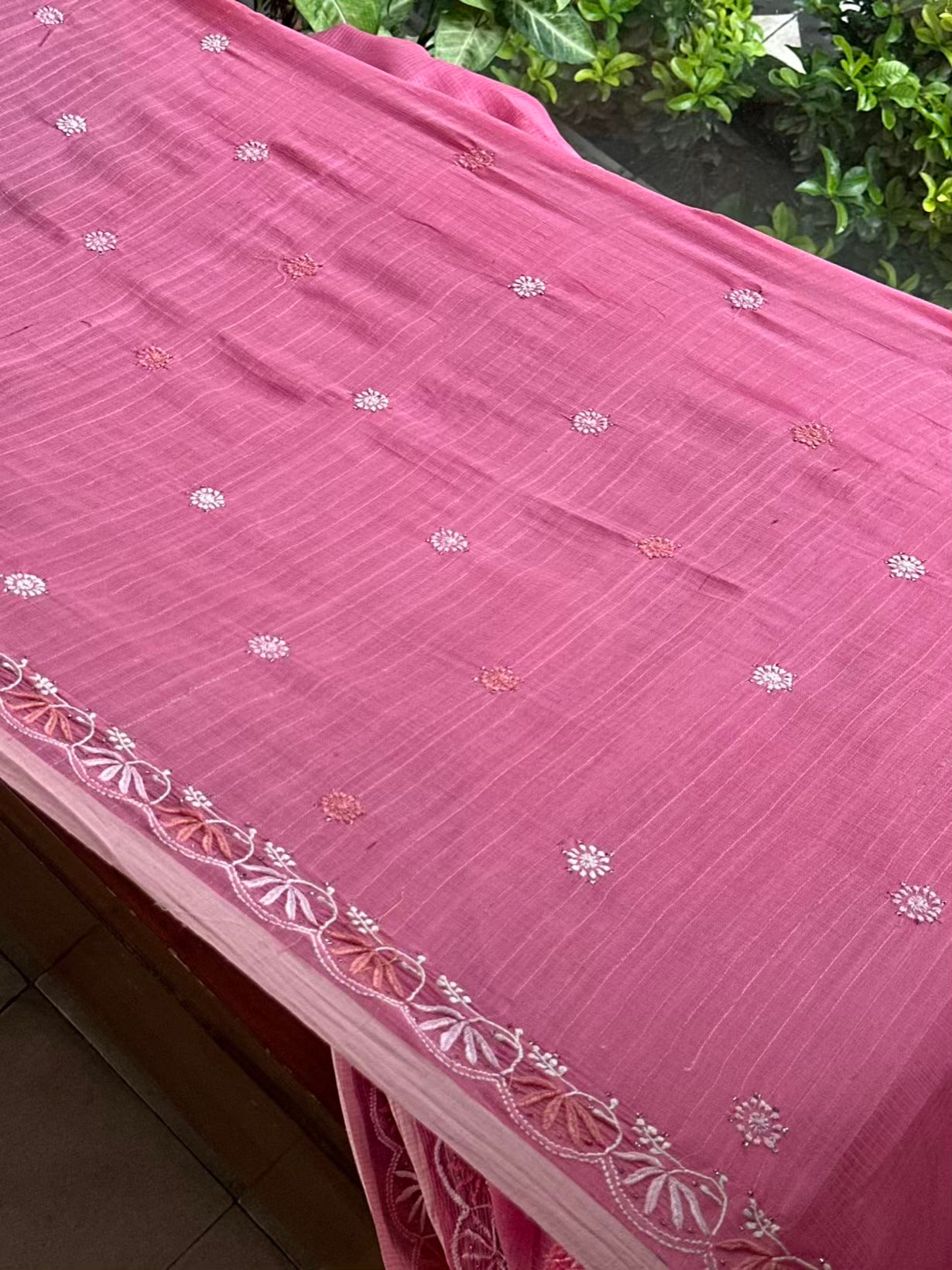 Pink Silk Gheecha Palla Kota Chikankari Saree With Mukaish Kamdani