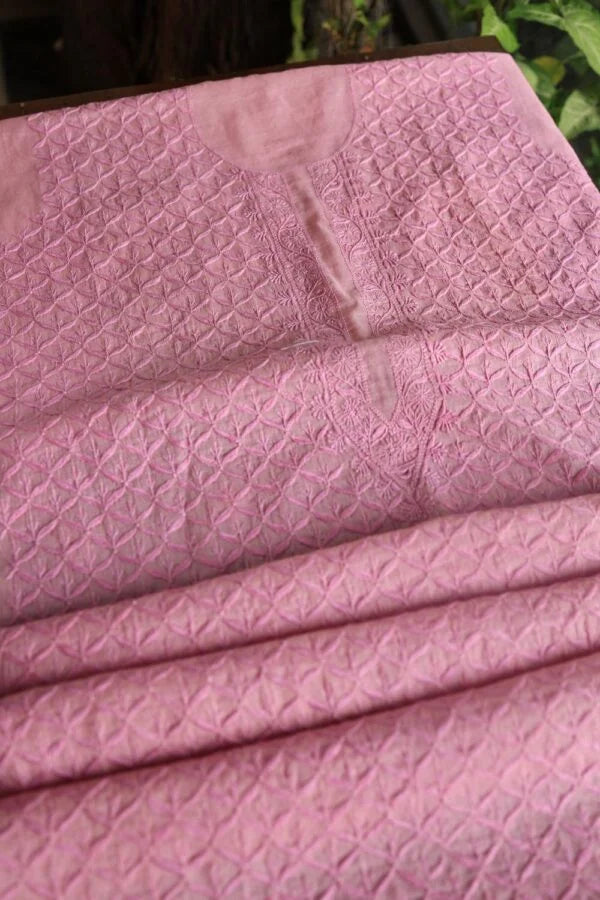 Pink All Over Chikankari Malmal Unstitched Men's Kurtas Fabric