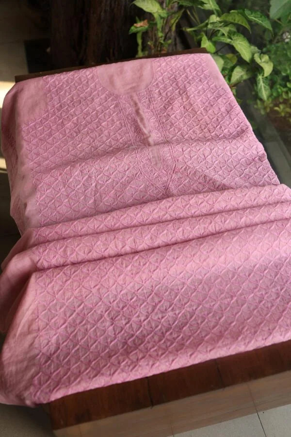 Pink All Over Chikankari Malmal Unstitched Men's Kurtas Fabric