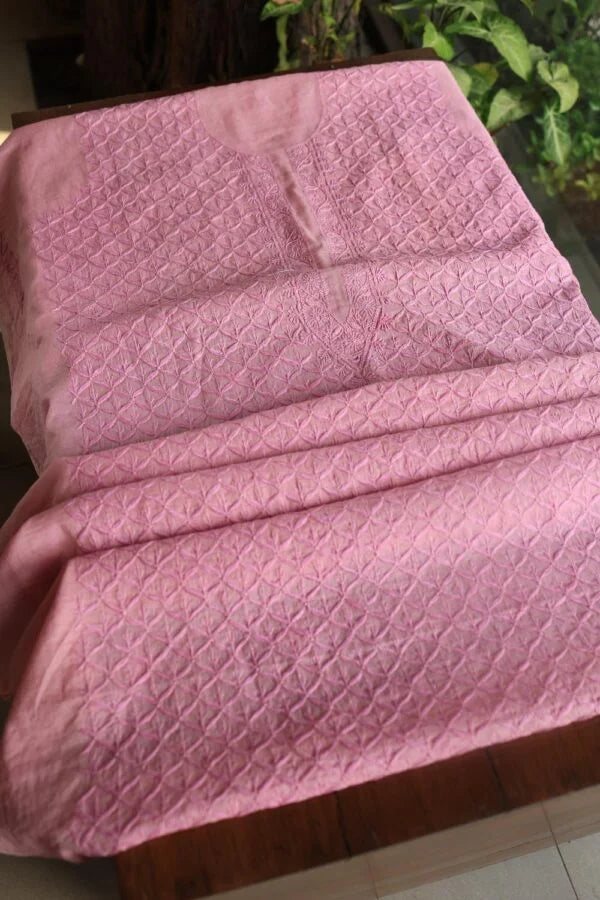 Pink All Over Chikankari Malmal Unstitched Men's Kurtas Fabric