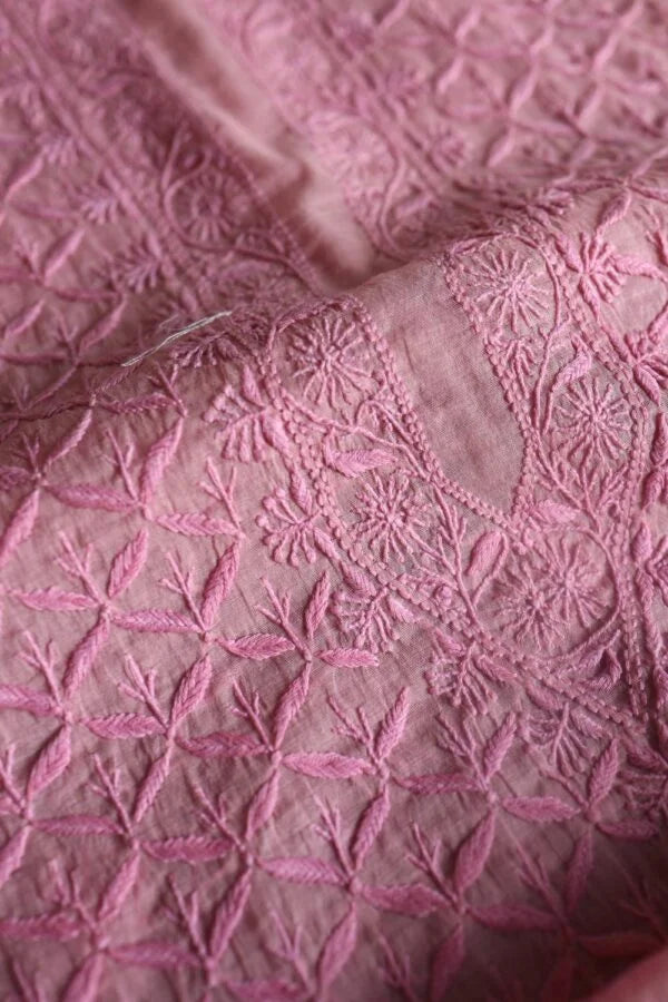 Pink All Over Chikankari Malmal Unstitched Men's Kurtas Fabric