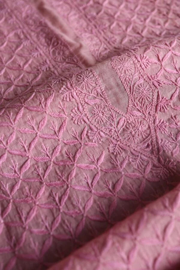 Pink All Over Chikankari Malmal Unstitched Men's Kurtas Fabric