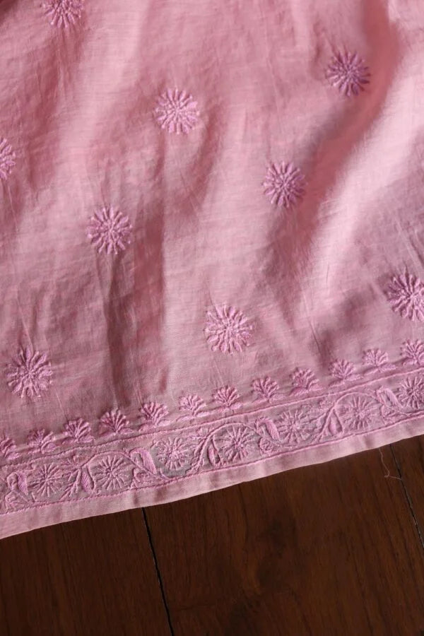 Pink All Over Chikankari Malmal Unstitched Men's Kurtas Fabric