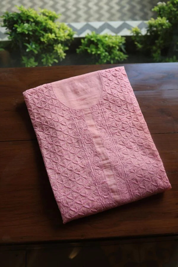 Pink All Over Chikankari Malmal Unstitched Men's Kurtas Fabric
