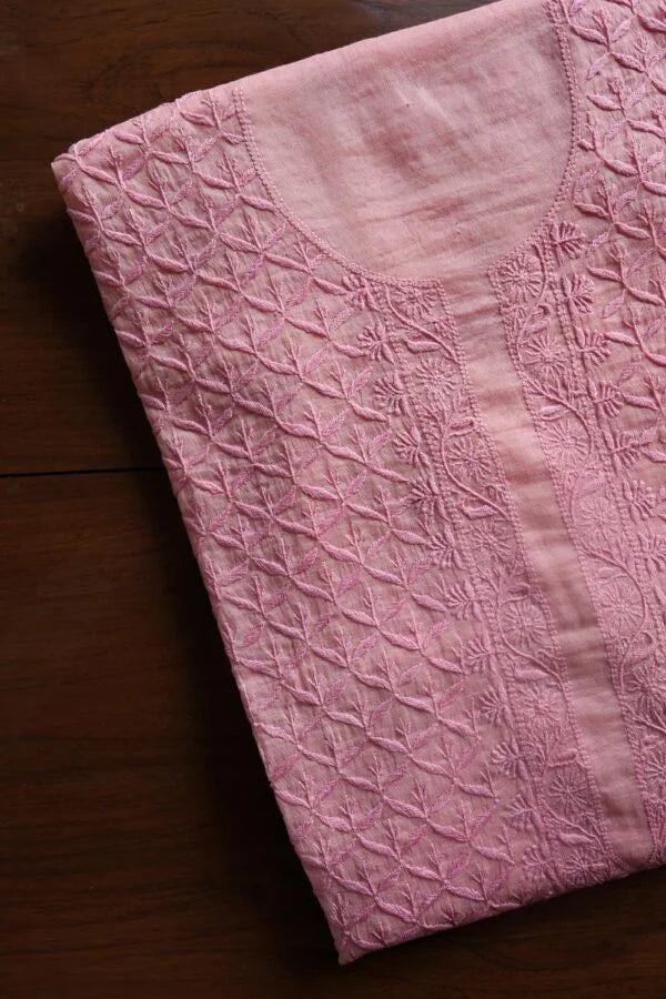 Pink All Over Chikankari Malmal Unstitched Men's Kurtas Fabric