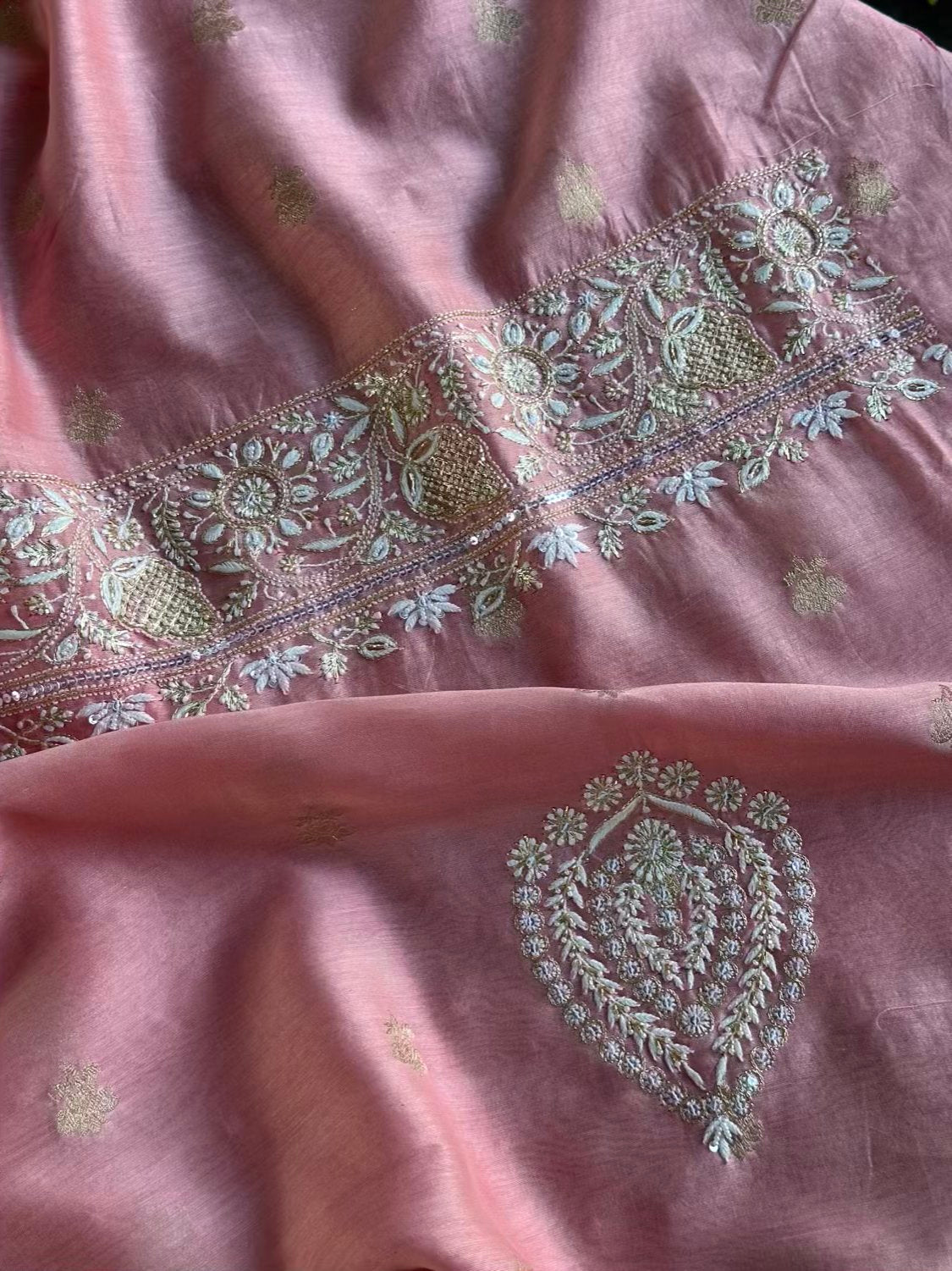 Pink Banarasi Zari Chanderi Chikankari Unstitched Kurta Dupatta Fabric Set