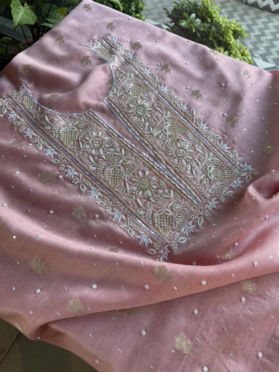 Pink Banarasi Zari Chanderi Chikankari Unstitched Kurta Dupatta Fabric Set