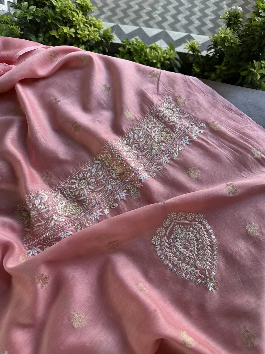 Pink Banarasi Zari Chanderi Chikankari Unstitched Kurta Dupatta Fabric Set