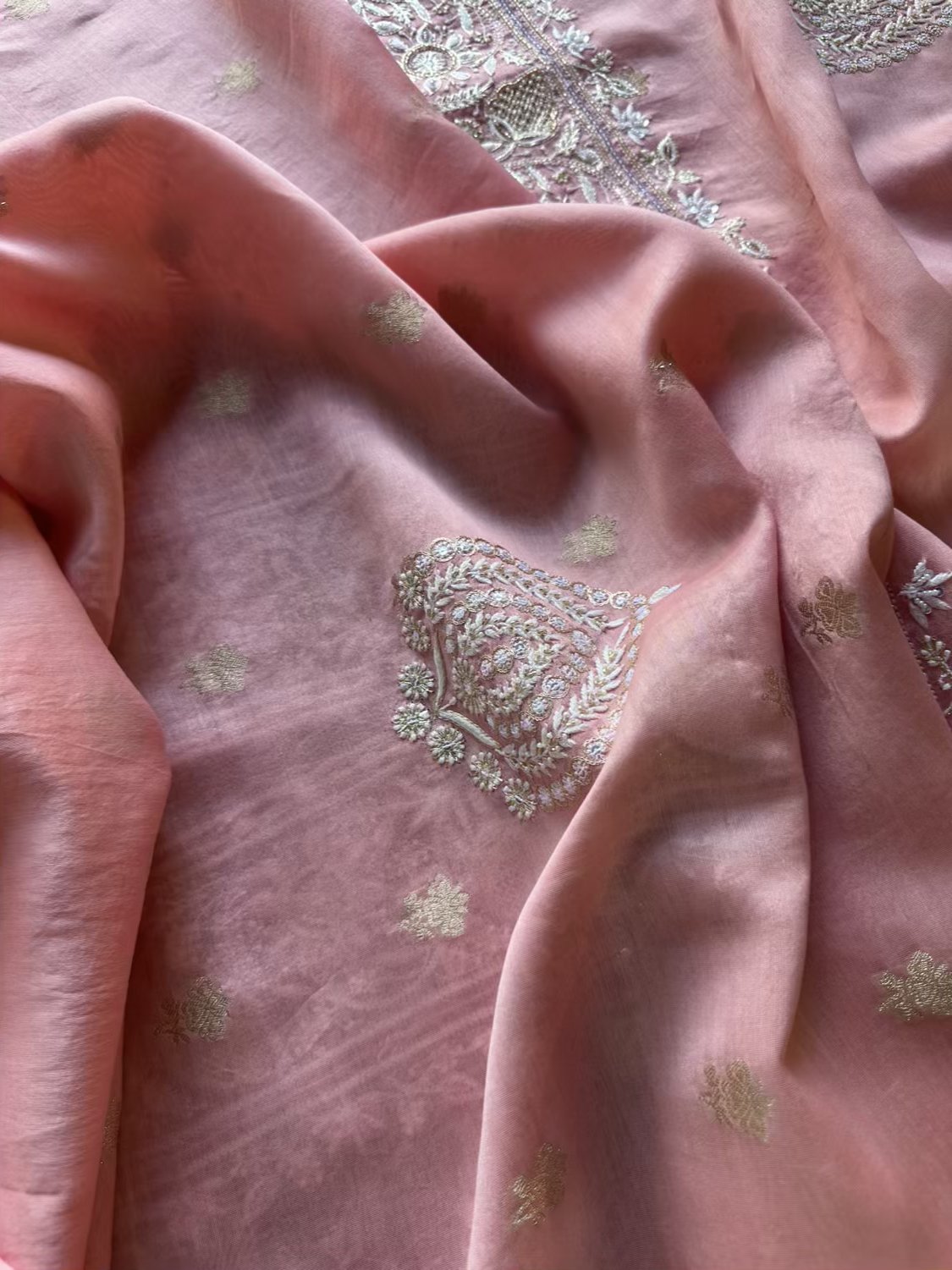 Pink Banarasi Zari Chanderi Chikankari Unstitched Kurta Dupatta Fabric Set