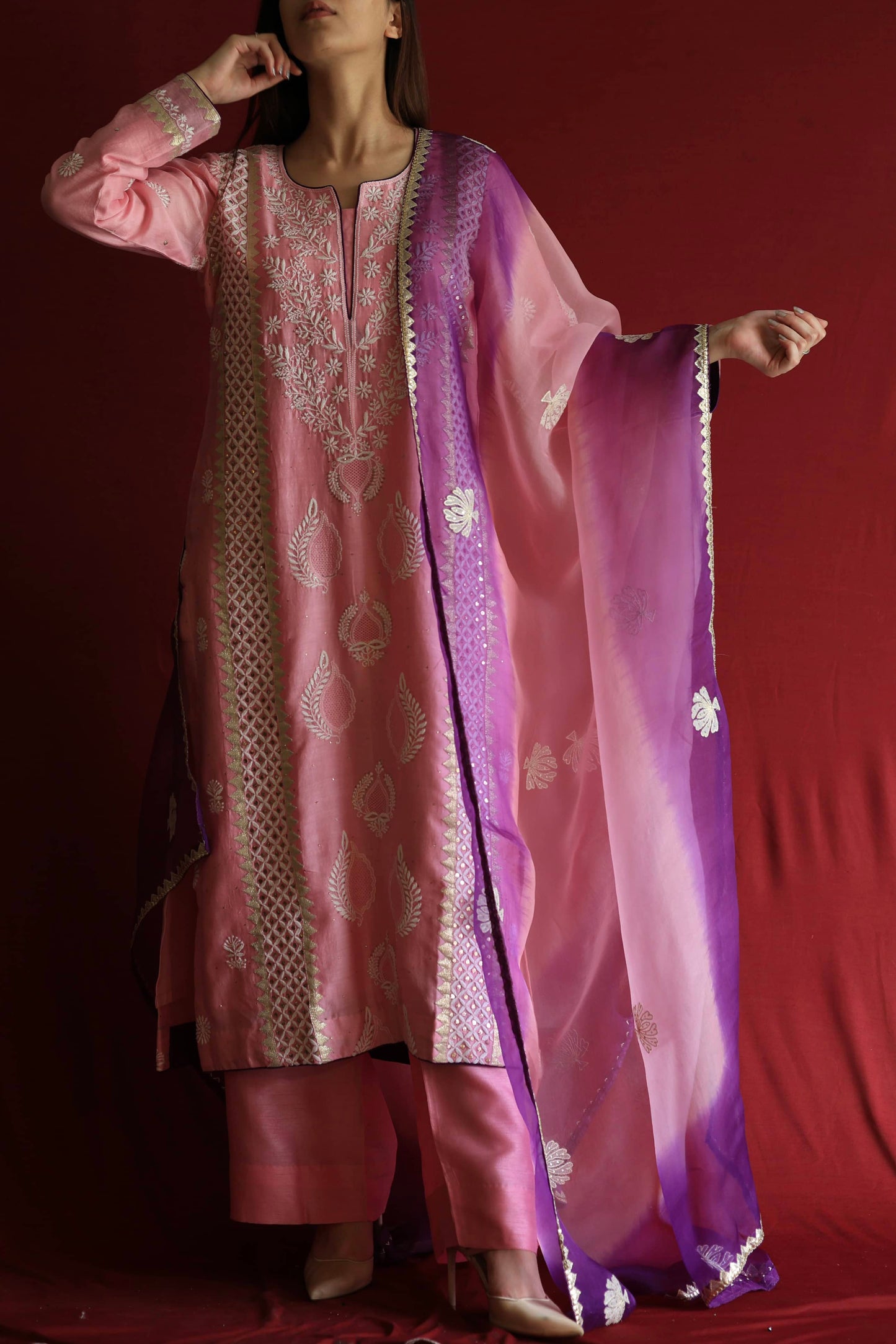 Pink Chanderi Daraz Applique Chikankari Mukaish Kurta Dupatta Set