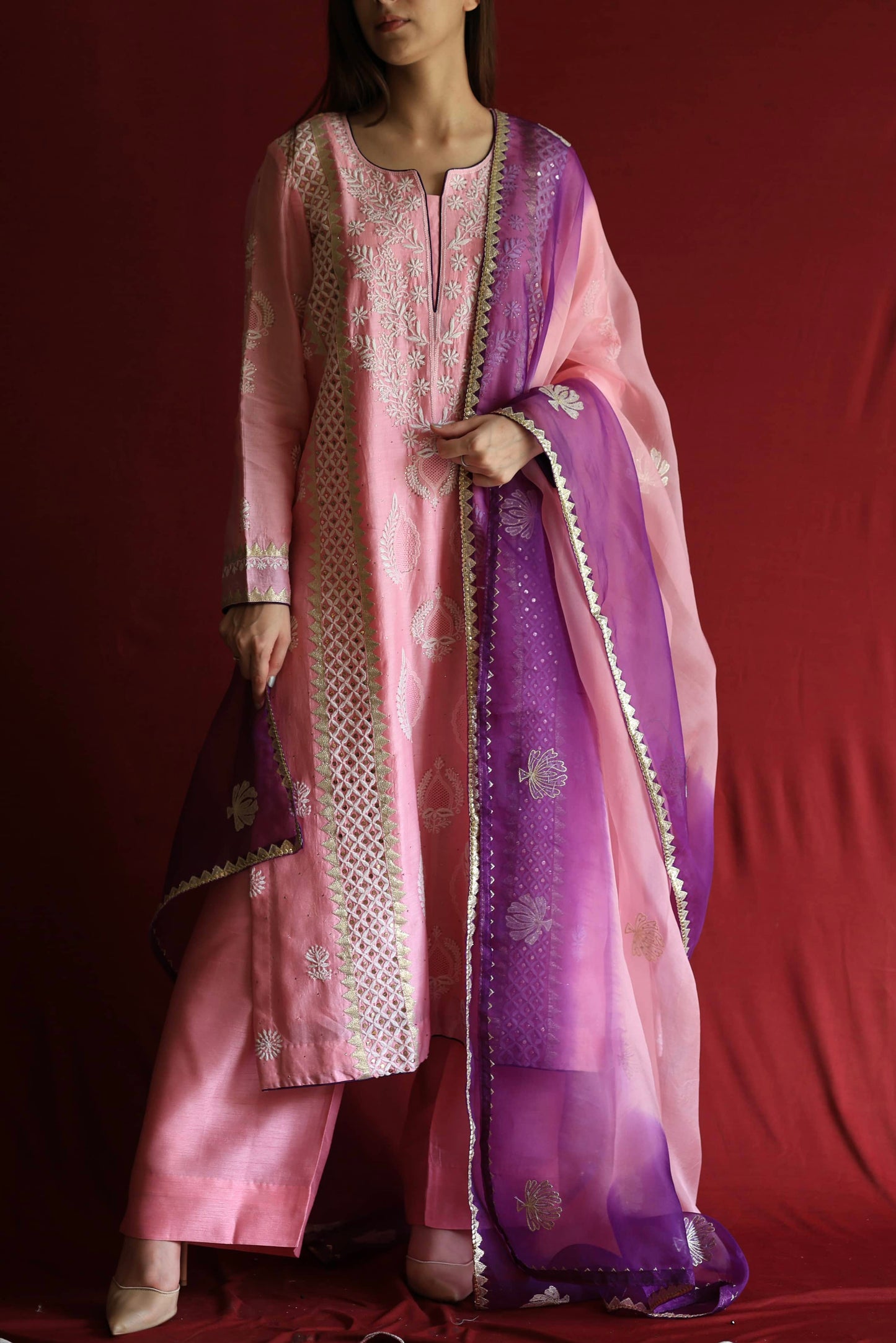 Pink Chanderi Daraz Applique Chikankari Mukaish Kurta Dupatta Set