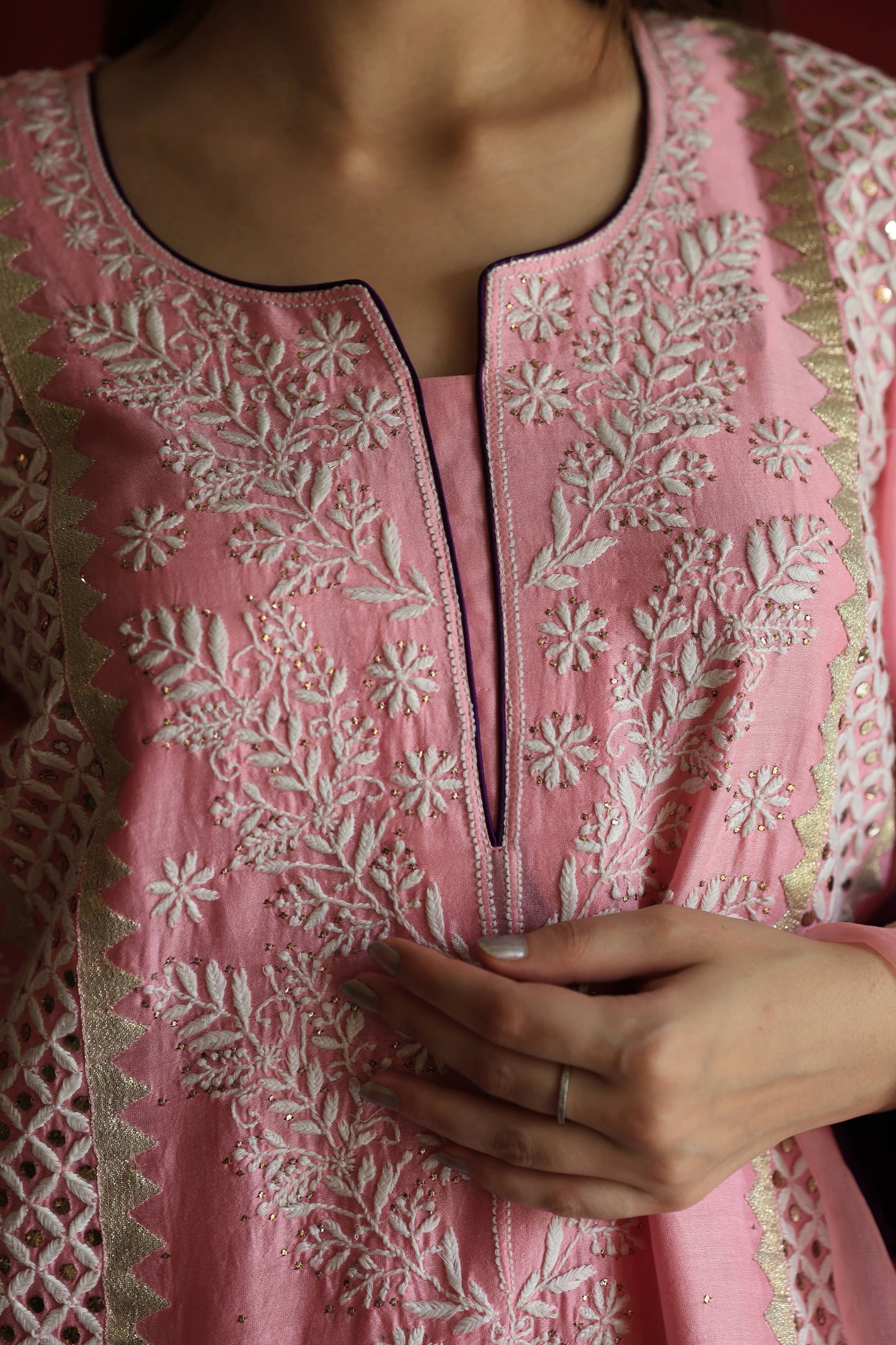 Pink Chanderi Daraz Applique Chikankari Mukaish Kurta Dupatta Set