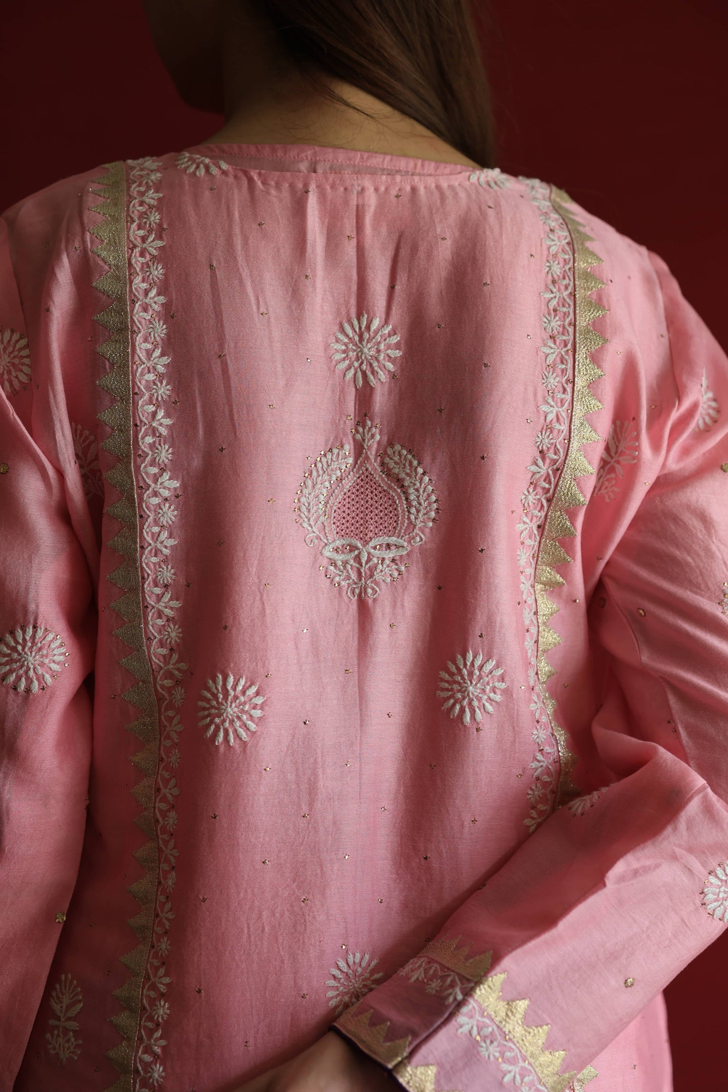 Pink Chanderi Daraz Applique Chikankari Mukaish Kurta Dupatta Set