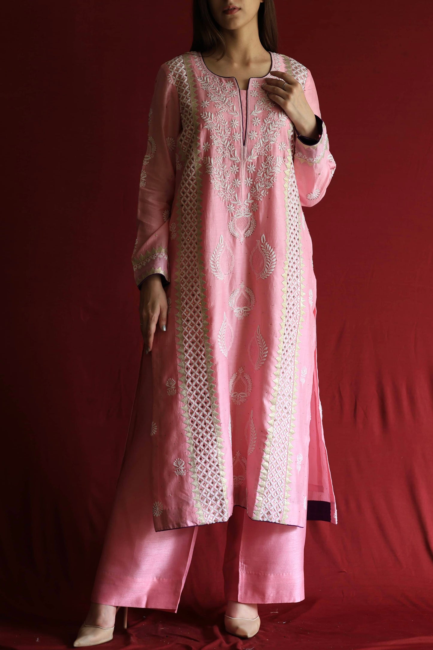 Pink Chanderi Daraz Applique Chikankari Mukaish Kurta Dupatta Set