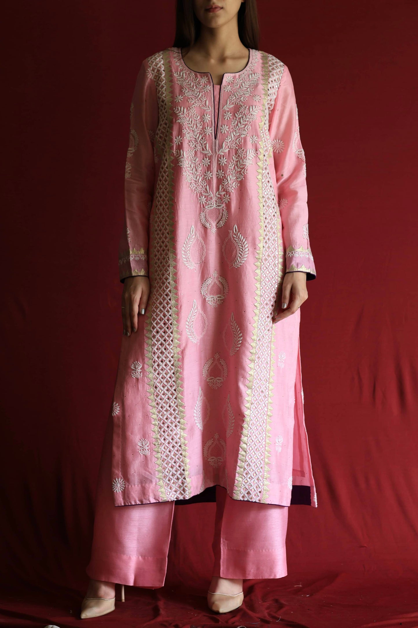 Pink Chanderi Daraz Applique Chikankari Mukaish Kurta Dupatta Set