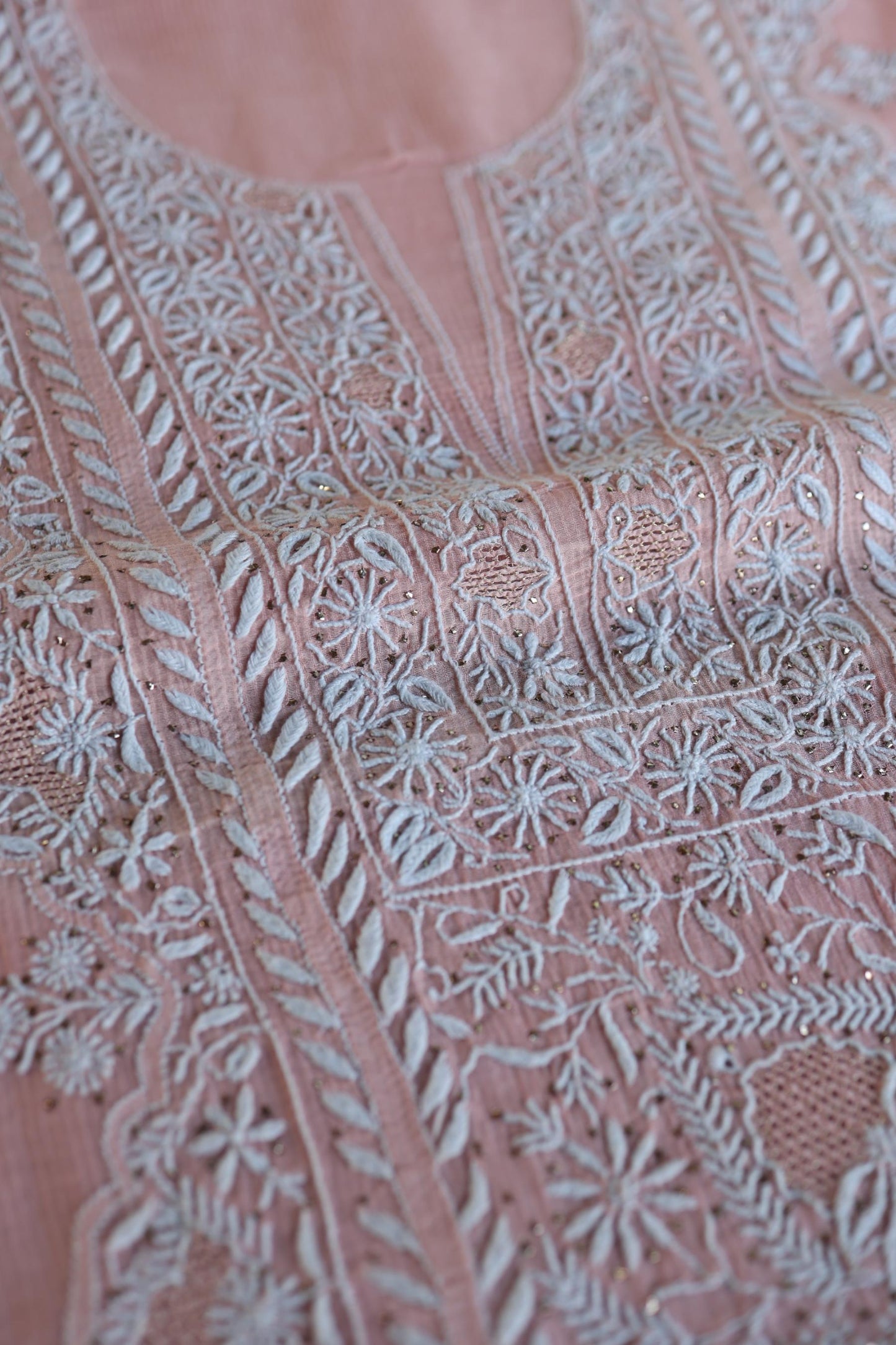Pink Mal Cotton Fine Chikankari With Kamdani Work Unstitched Fabric