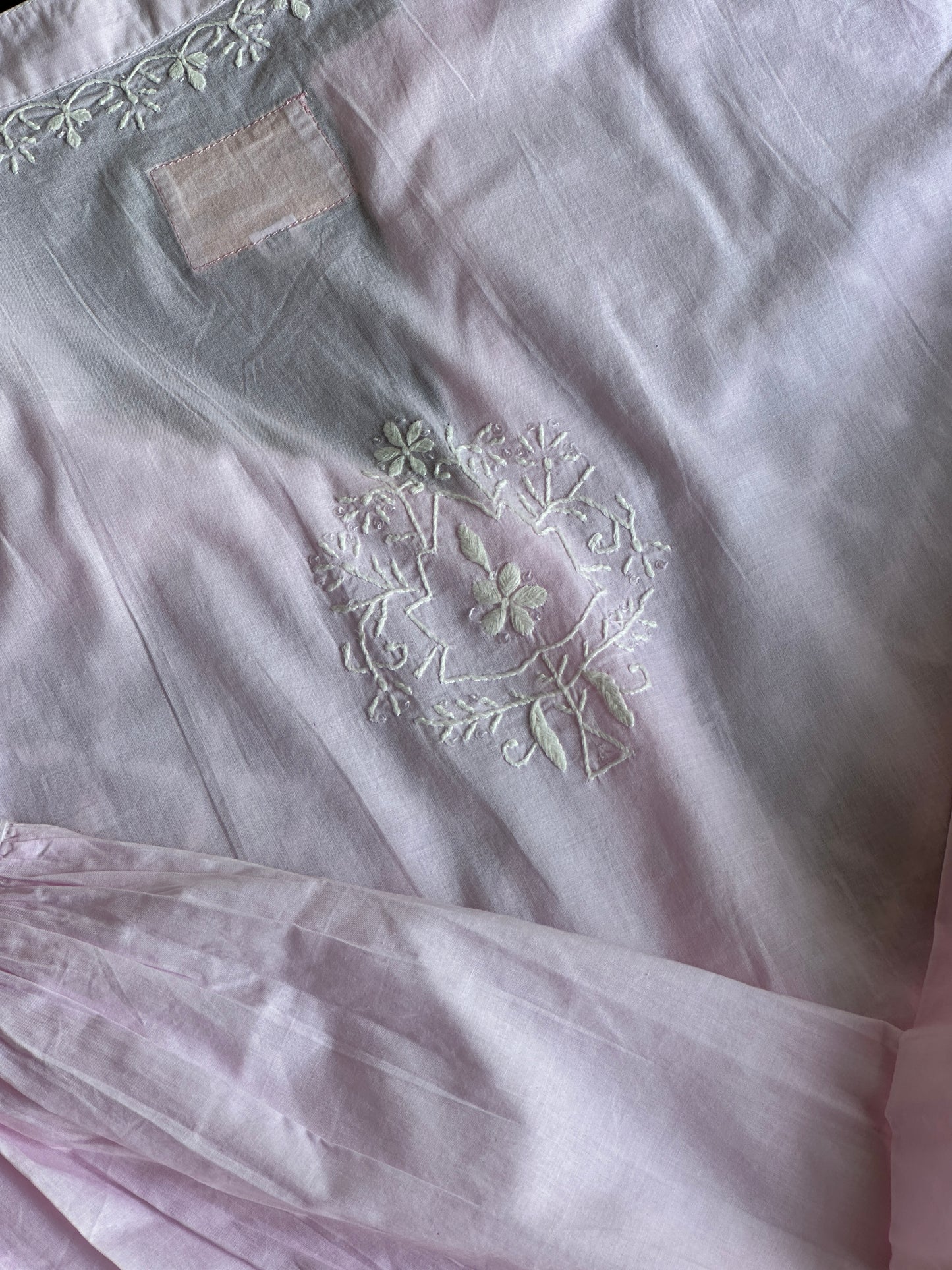 Pink Malmal Chikankari Bell Sleeve Short Kurti
