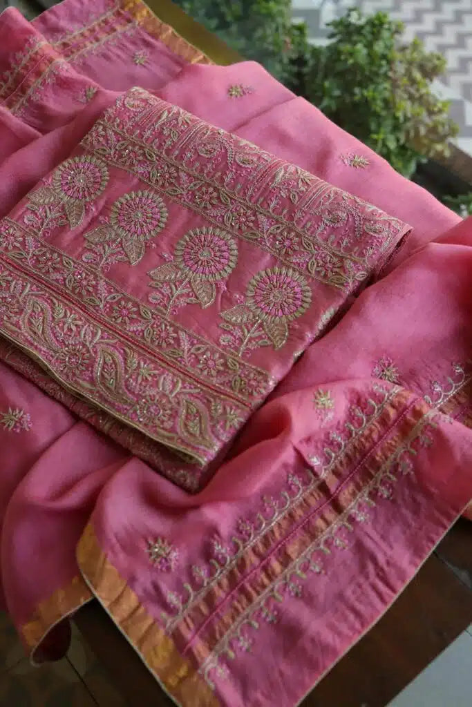 Pink Moonga Silk Chikankari Unstitched Fabric