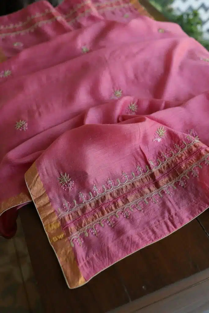 Pink Moonga Silk Chikankari Unstitched Fabric