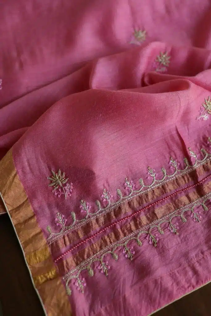 Pink Moonga Silk Chikankari Unstitched Fabric