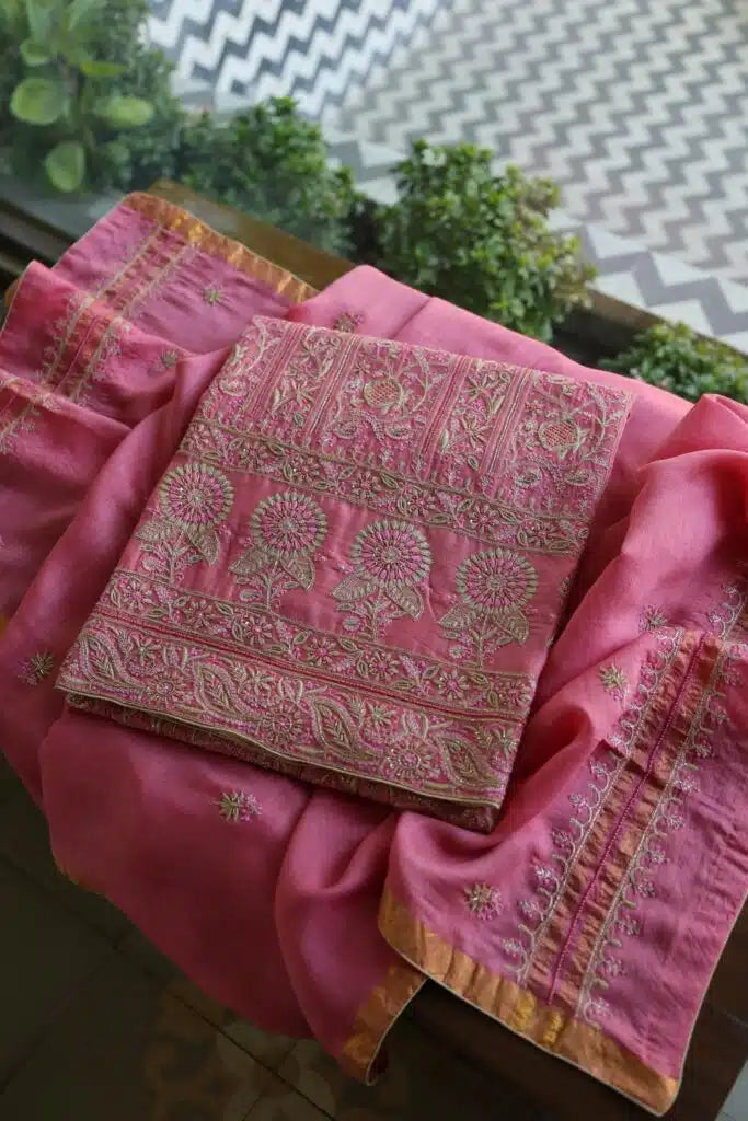 Pink Moonga Silk Chikankari Unstitched Fabric